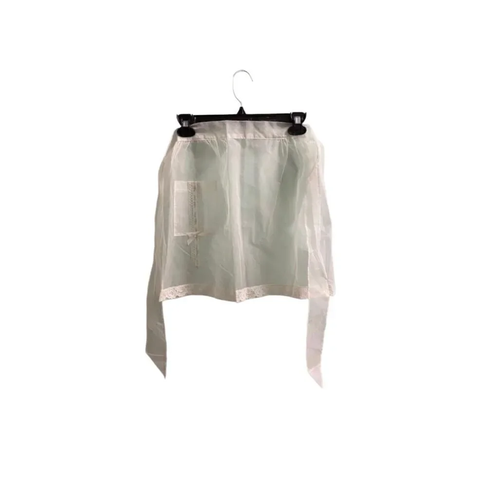 Vintage white apron with lace in floral details, sheer S/M